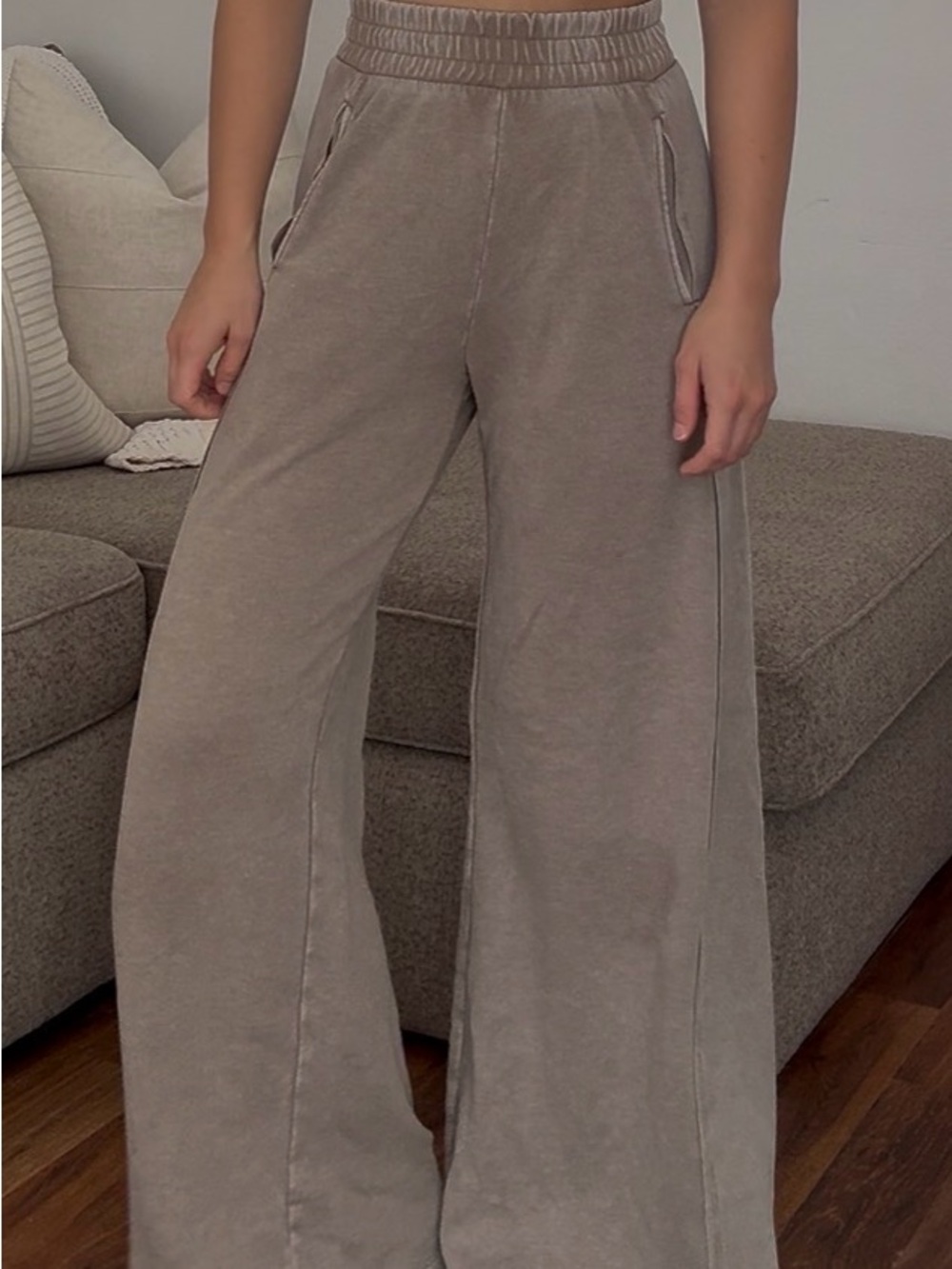 Wide Leg Terry Lounge Pants in Taupe
